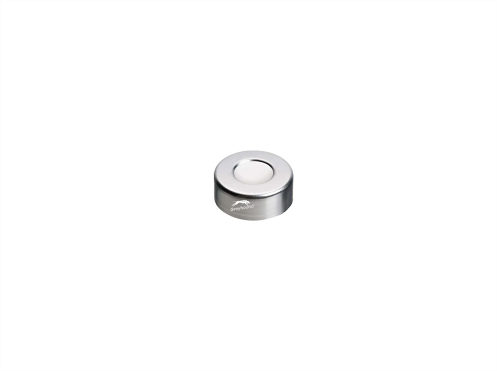 Picture of 20mm Magnetic Crimp Cap for SPME, Silver, Open 8mm Hole, with Blue PTFE/ White Silicone Septa, 1.5mm, (Shore A 55)